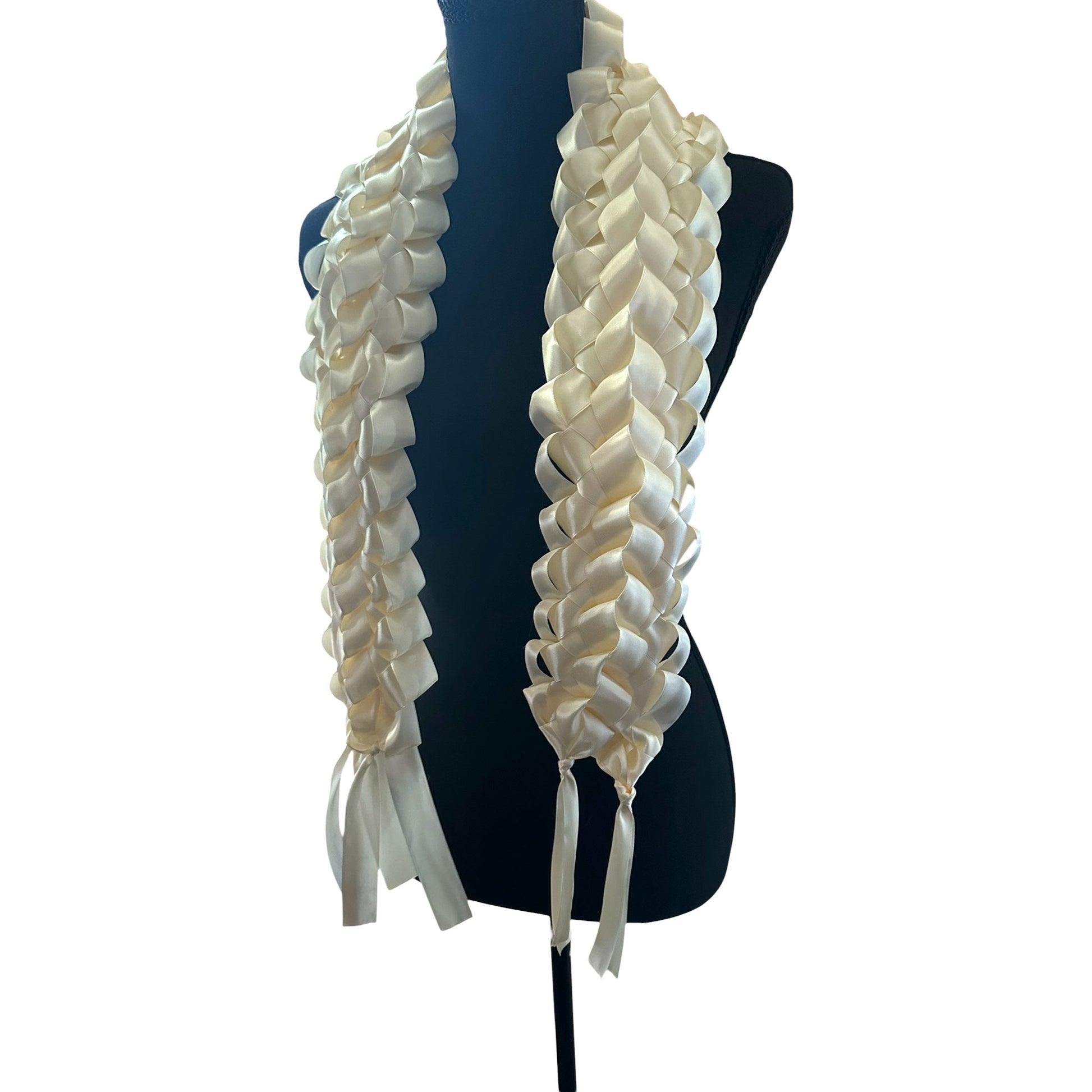 Wide solid ivory satin ribbon graduation lei with double military braid texture displayed on mannequin.