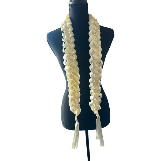 Handwoven solid ivory satin ribbon graduation lei with single military braid texture on mannequin.