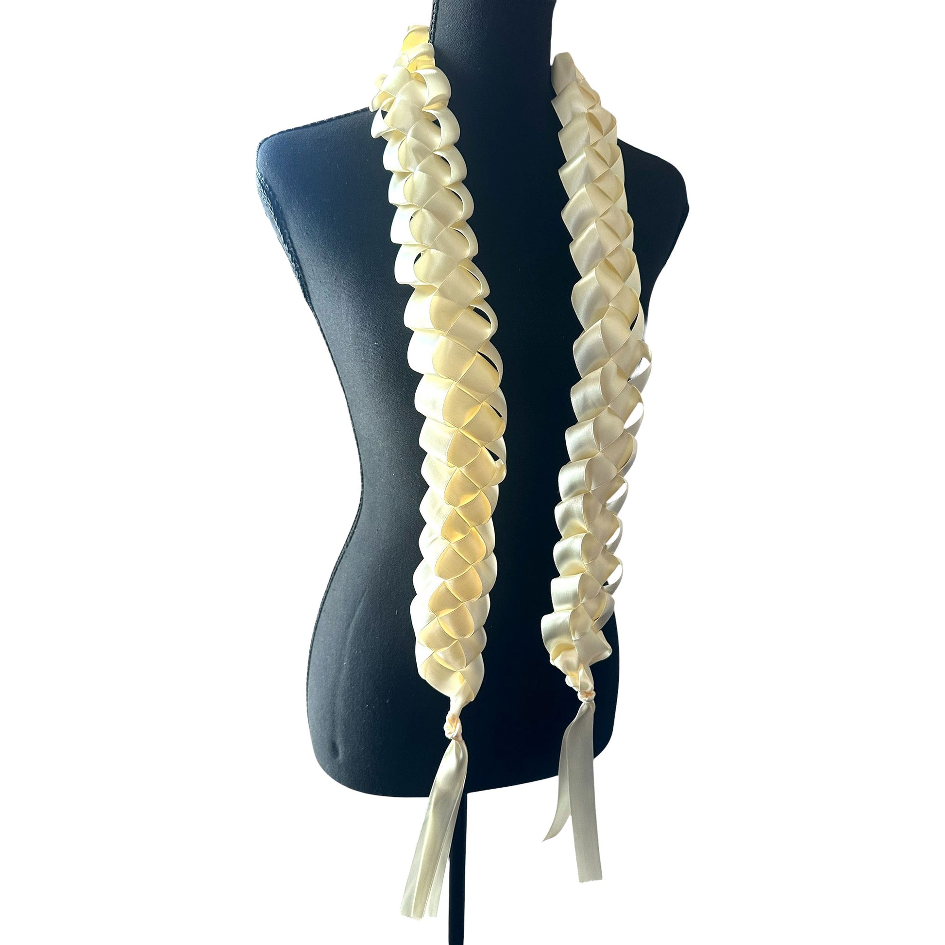 Handwoven solid ivory satin ribbon graduation lei with single military braid texture on mannequin.