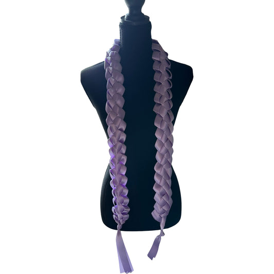 Handwoven solid lavender satin ribbon graduation lei with single military braid texture on mannequin.
