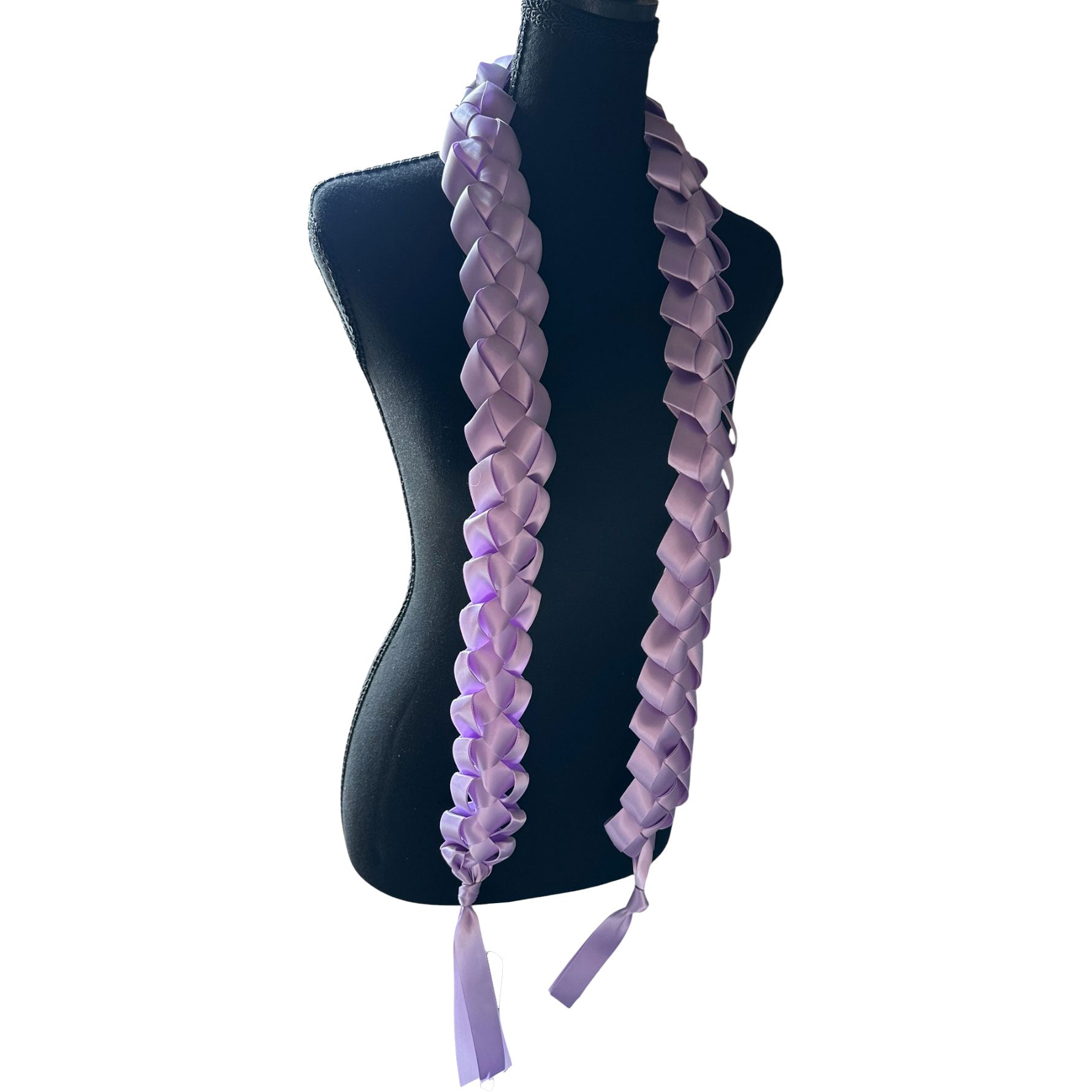 Handwoven solid lavender satin ribbon graduation lei with single military braid texture on mannequin.