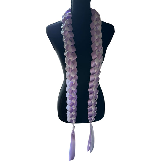 Handwoven lavender and white satin ribbon graduation lei with single military braid texture on mannequin.