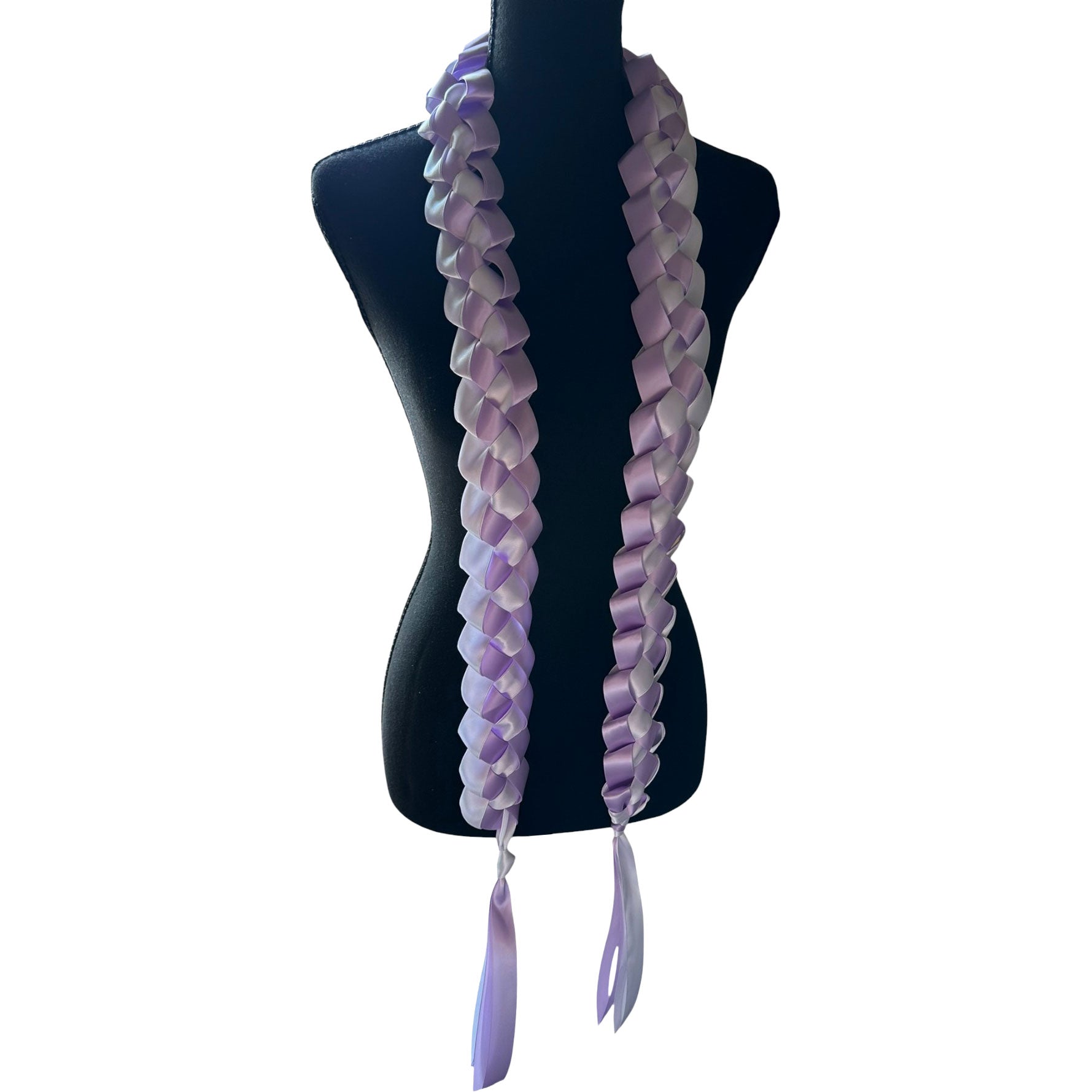 Handwoven lavender and white satin ribbon graduation lei with single military braid texture on mannequin.