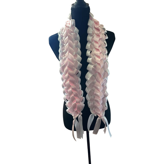 Wide double military braid graduation lei in light pink and white satin ribbon, displayed on mannequin.