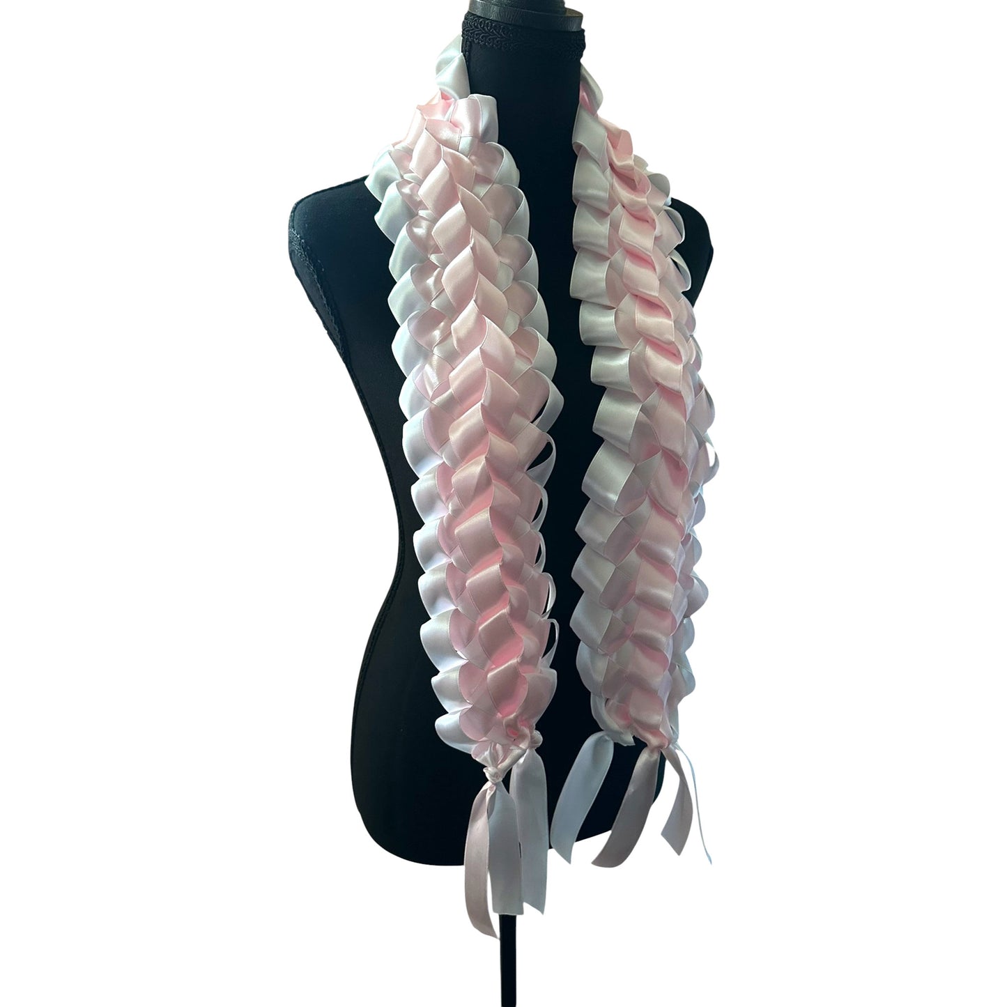 Wide double military braid graduation lei in light pink and white satin ribbon, displayed on mannequin.