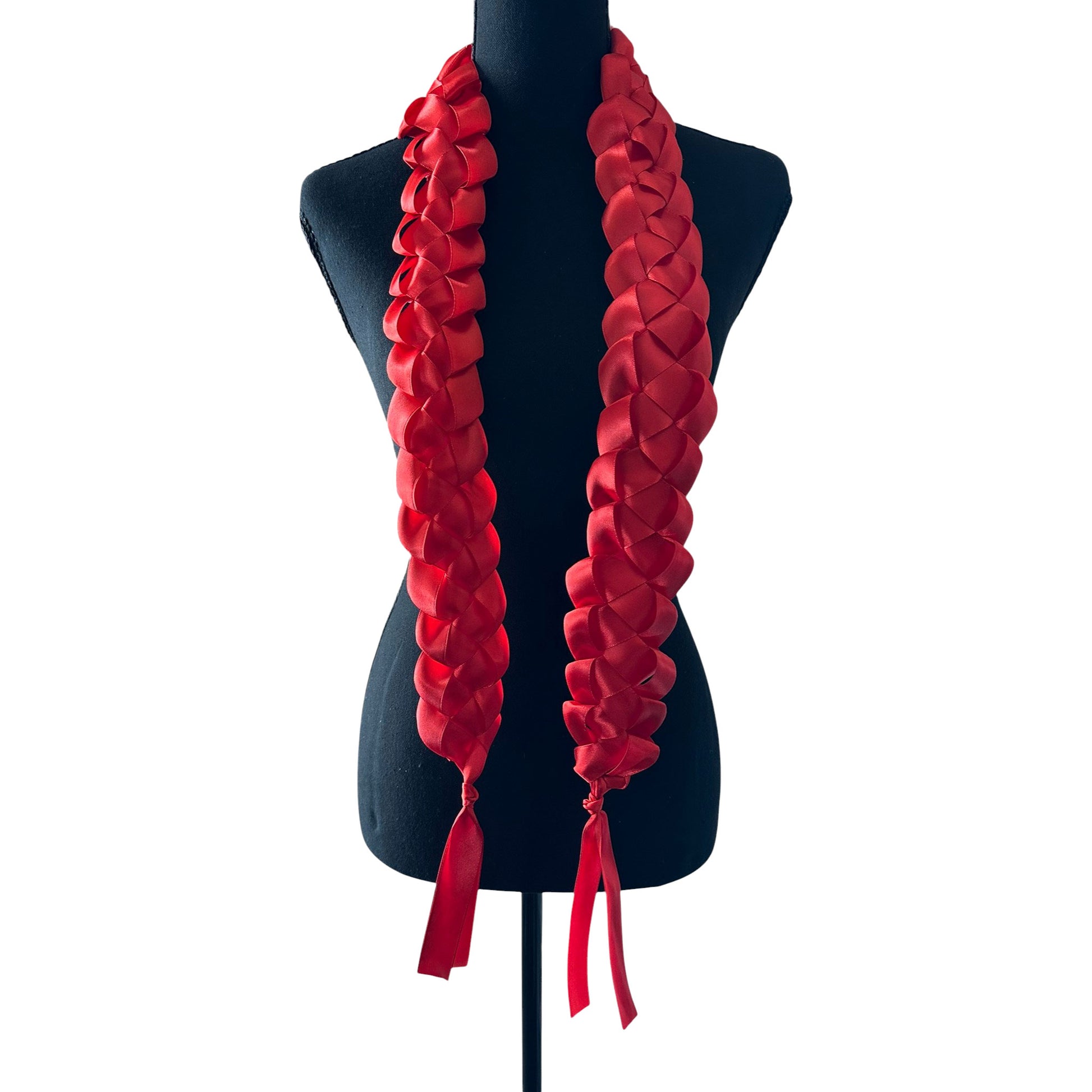 Solid red satin ribbon graduation lei with single military braid texture on mannequin.