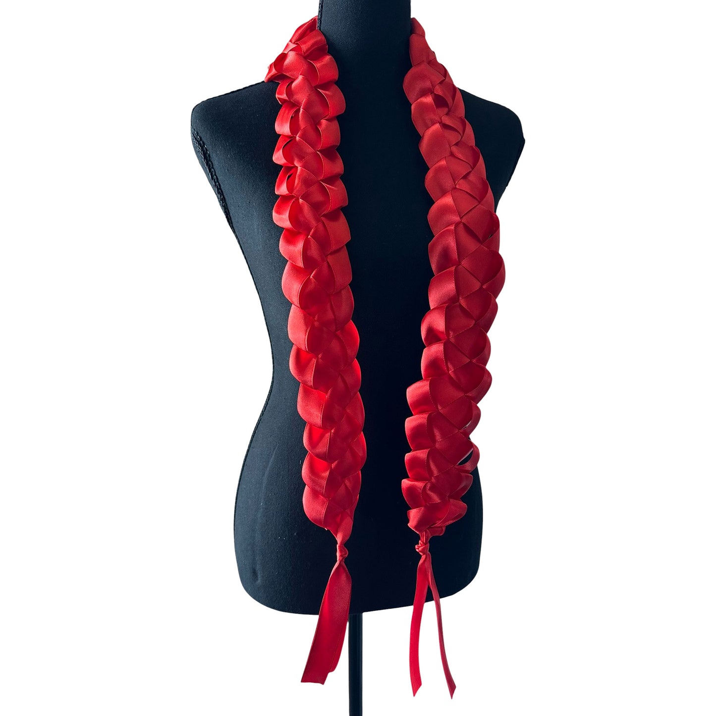 Solid red satin ribbon graduation lei with single military braid texture on mannequin.