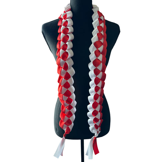 Handwoven red and white satin ribbon graduation lei with single military braid texture on mannequin.