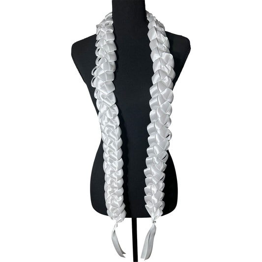 Solid white satin ribbon graduation lei with single military braid texture on mannequin.