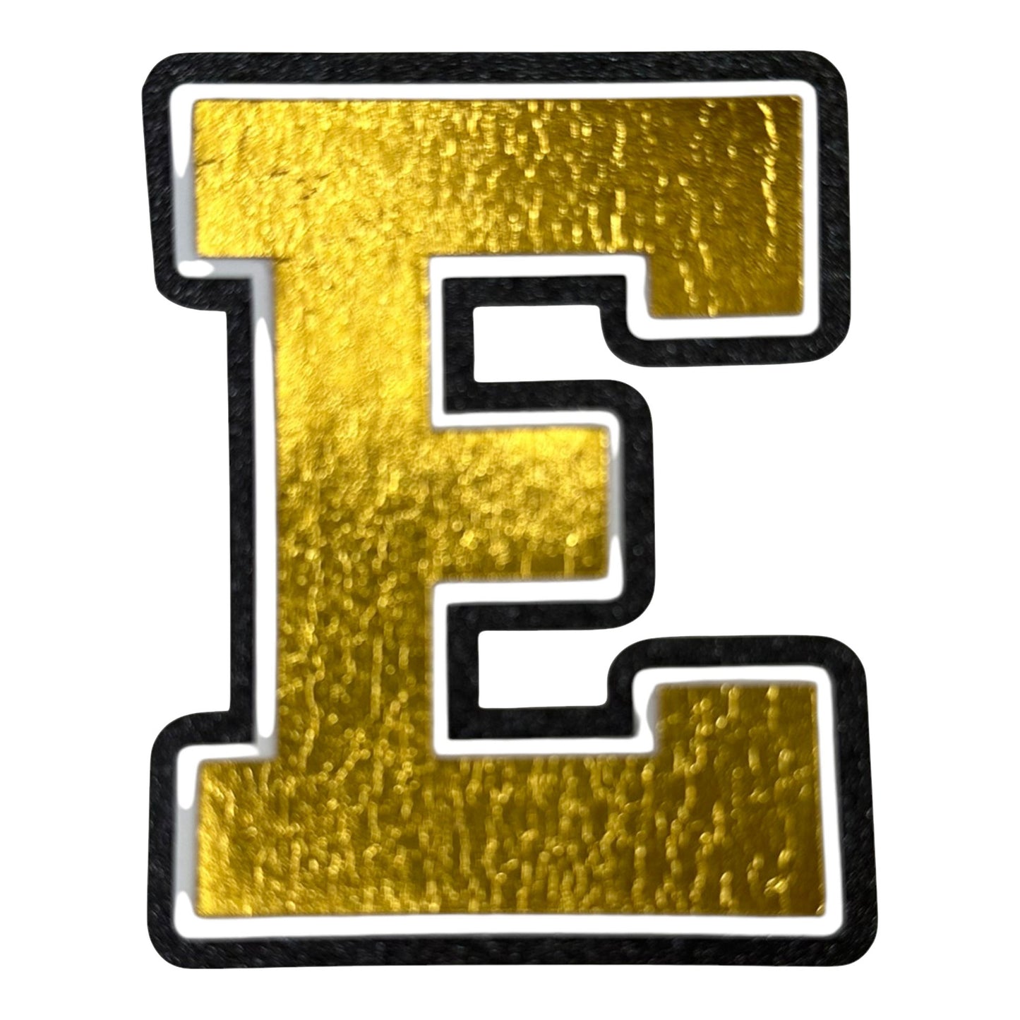 Black white and gold foil layered cardstock letter E cutout in varsity font for homecoming mums and graduation leis.