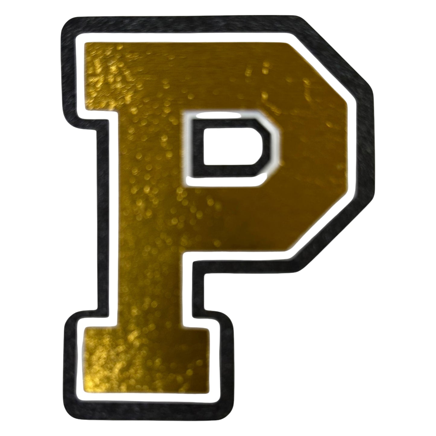 Black white and gold foil layered cardstock letter P cutout in varsity font for homecoming mums and graduation leis.