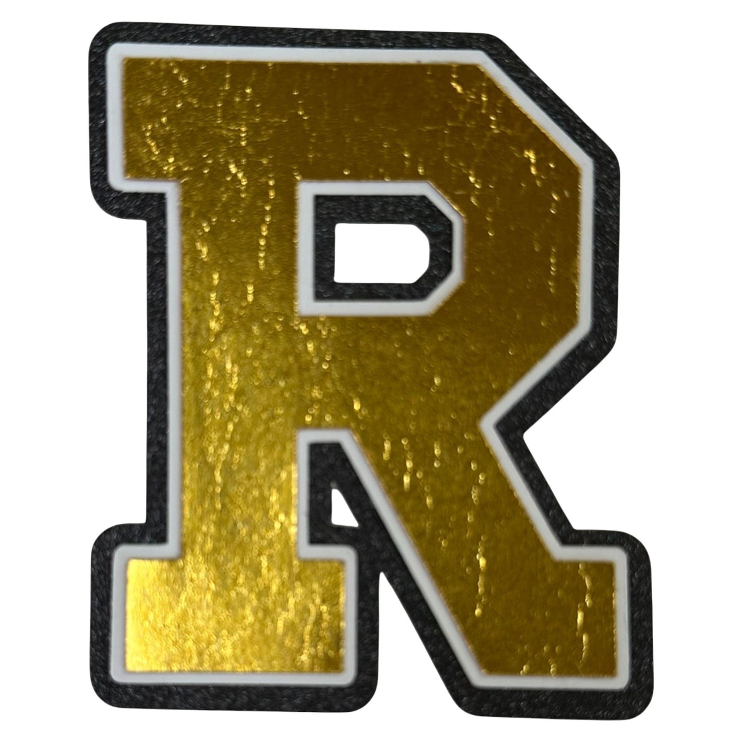 Black white and gold foil layered cardstock letter R cutout in varsity font for homecoming mums and graduation leis.