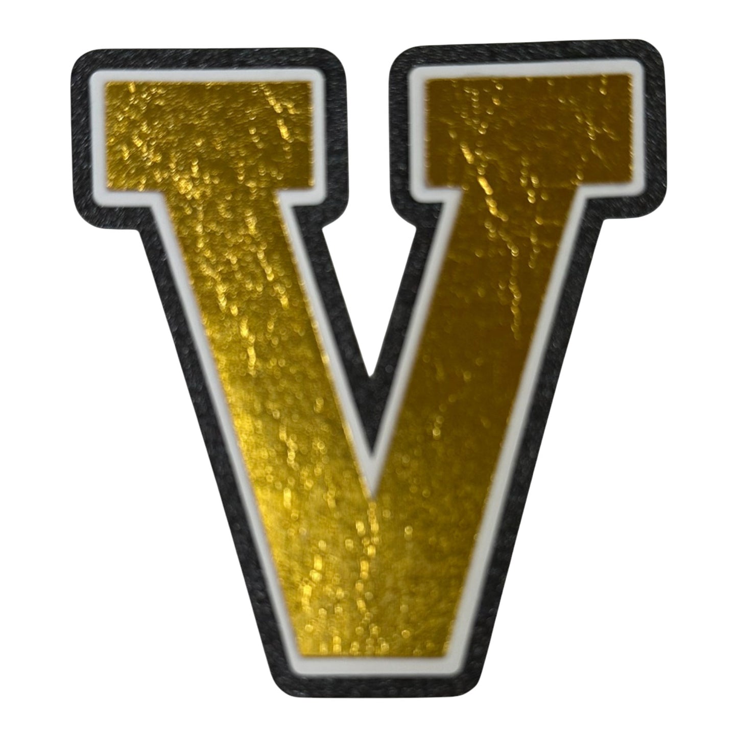 Black white and gold foil layered cardstock letter V cutout in varsity font for homecoming mums and graduation leis.