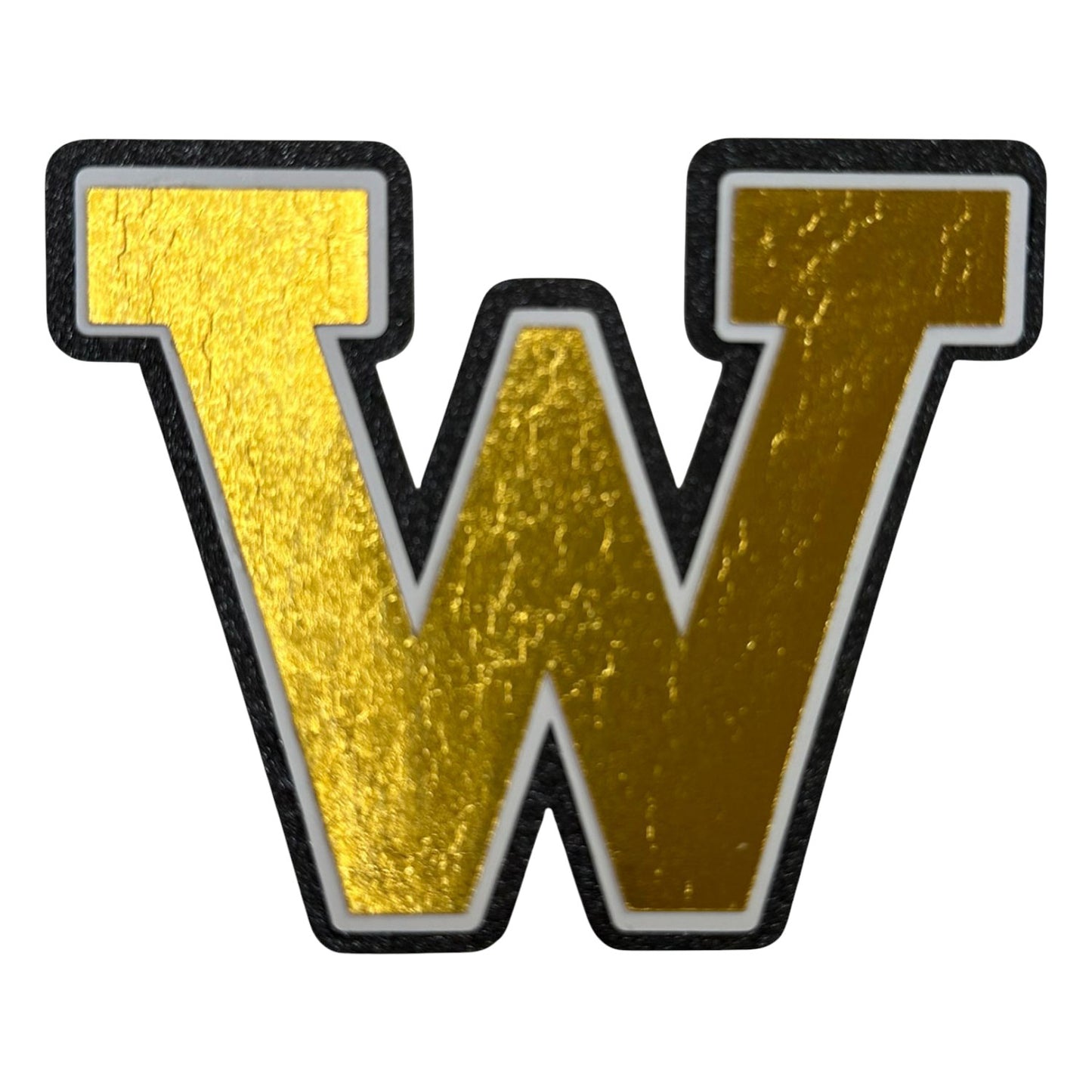 Black white and gold foil layered cardstock letter W cutout in varsity font for homecoming mums and graduation leis.