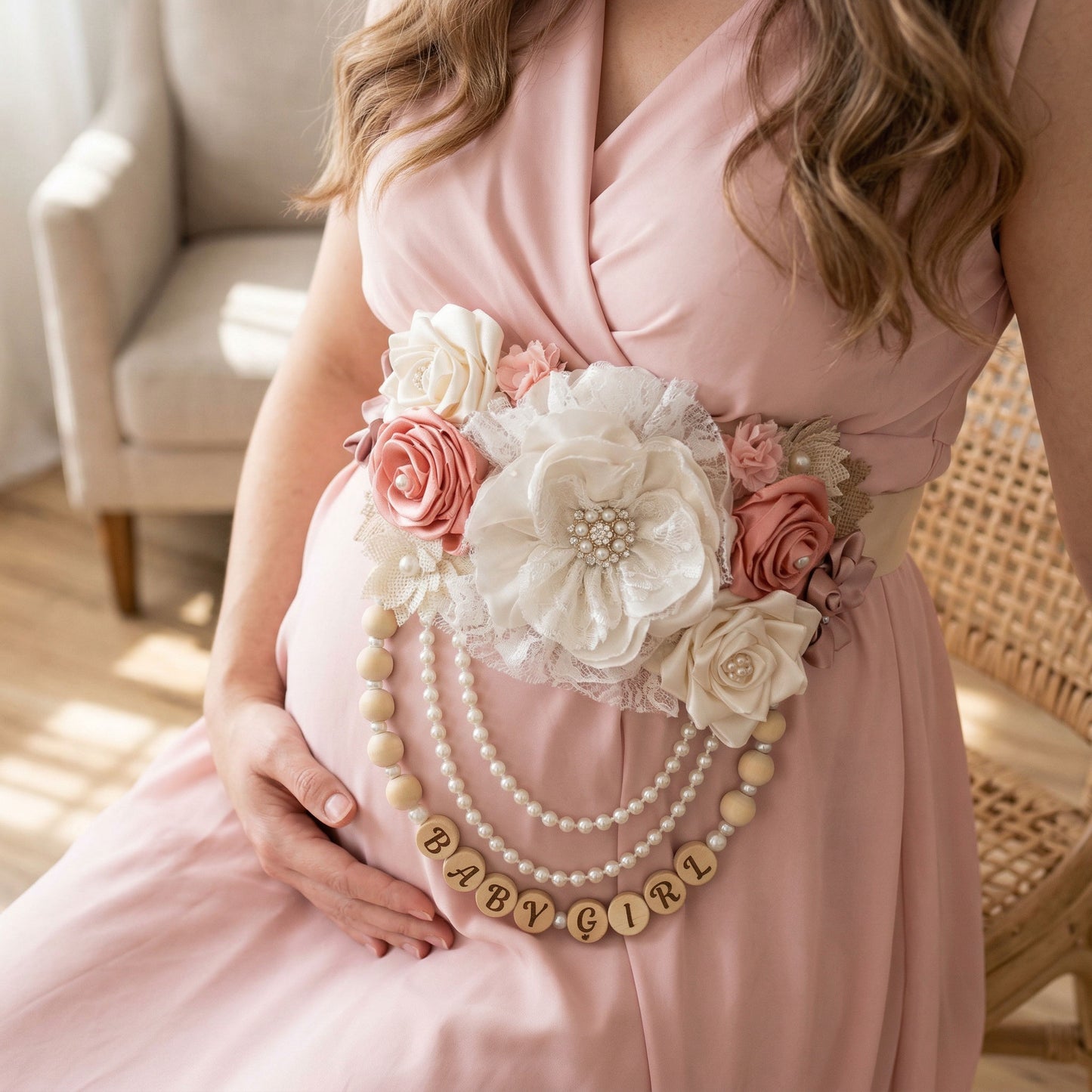 A handmade Mommy-to-Be sash featuring dusty rose, blush, and ivory fabric flowers with a large lace peony center. The sash includes a personalized beaded fringe with white pearls, wooden beads, and a custom name charm spelling "Baby Girl" against a soft white background.