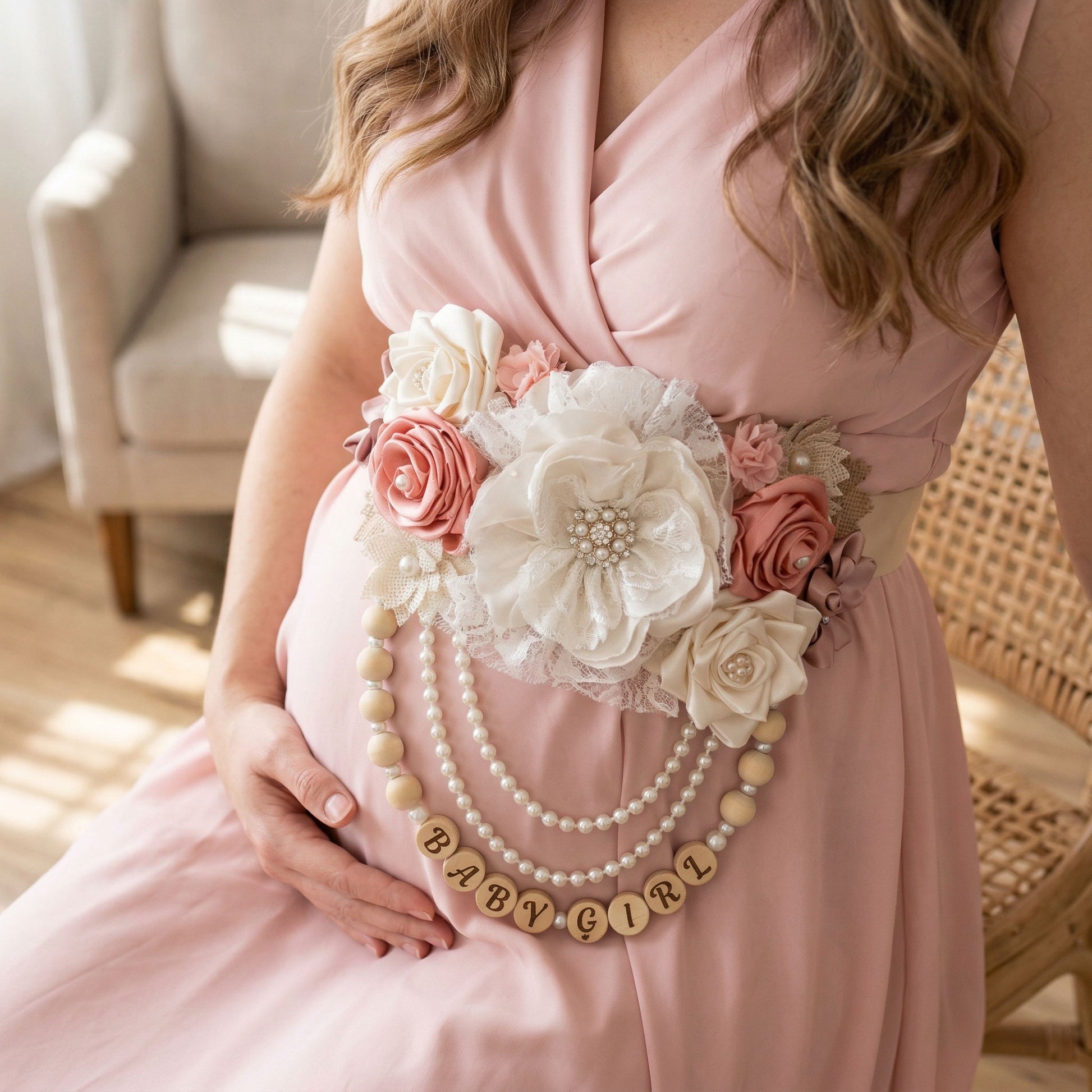 A handmade Mommy-to-Be sash featuring dusty rose, blush, and ivory fabric flowers with a large lace peony center. The sash includes a personalized beaded fringe with white pearls, wooden beads, and a custom name charm spelling "Baby Girl" against a soft white background.