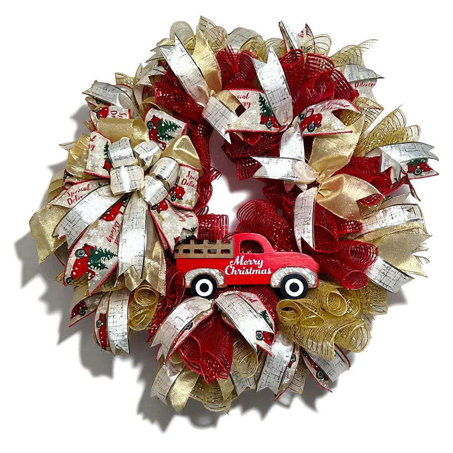 Nostalgic Red Christmas Truck Wreath: Handcrafted Holiday Decor