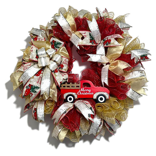 Nostalgic Red Christmas Truck Wreath: Handcrafted Holiday Decor