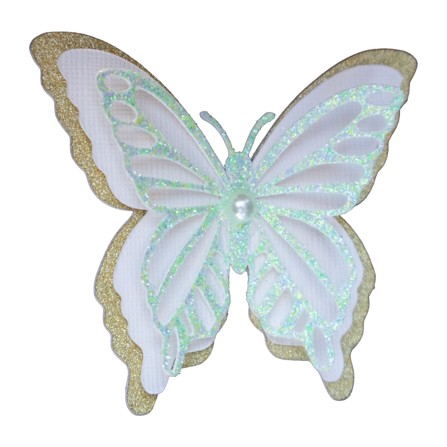 3D butterfly cutout with iridescent mint green glitter, white cardstock, and gold glitter base with pearl center.