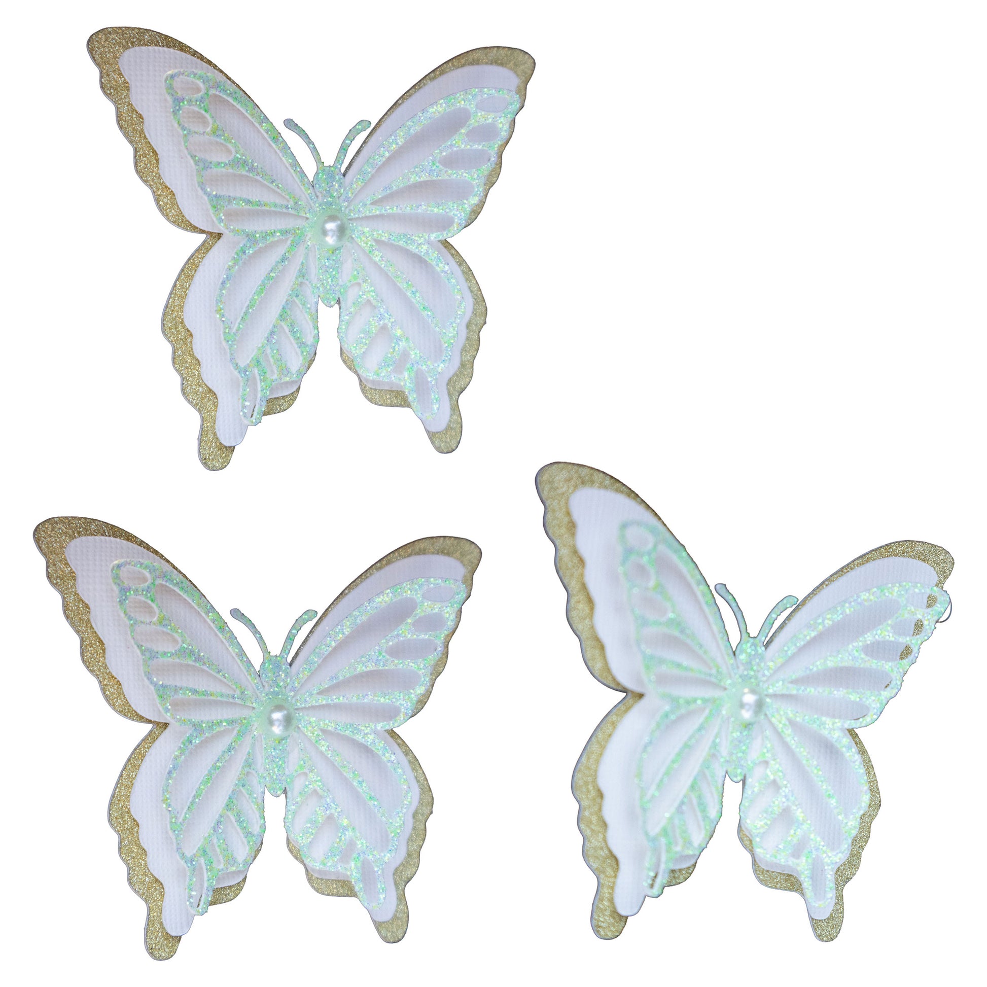 Set of three 3D butterfly cutout with iridescent mint green glitter, white cardstock, and gold glitter base with pearl center.