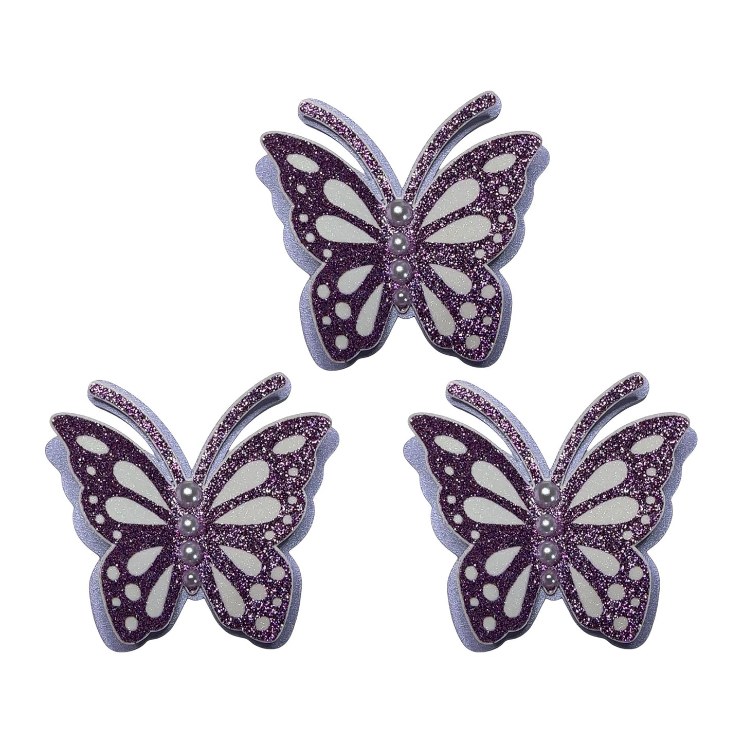 A coordinated set of three 3D butterfly spirit cutouts in Shimmer Lavender, Glitter White, and Lavender Glitter Vinyl with decorative pearl accents.