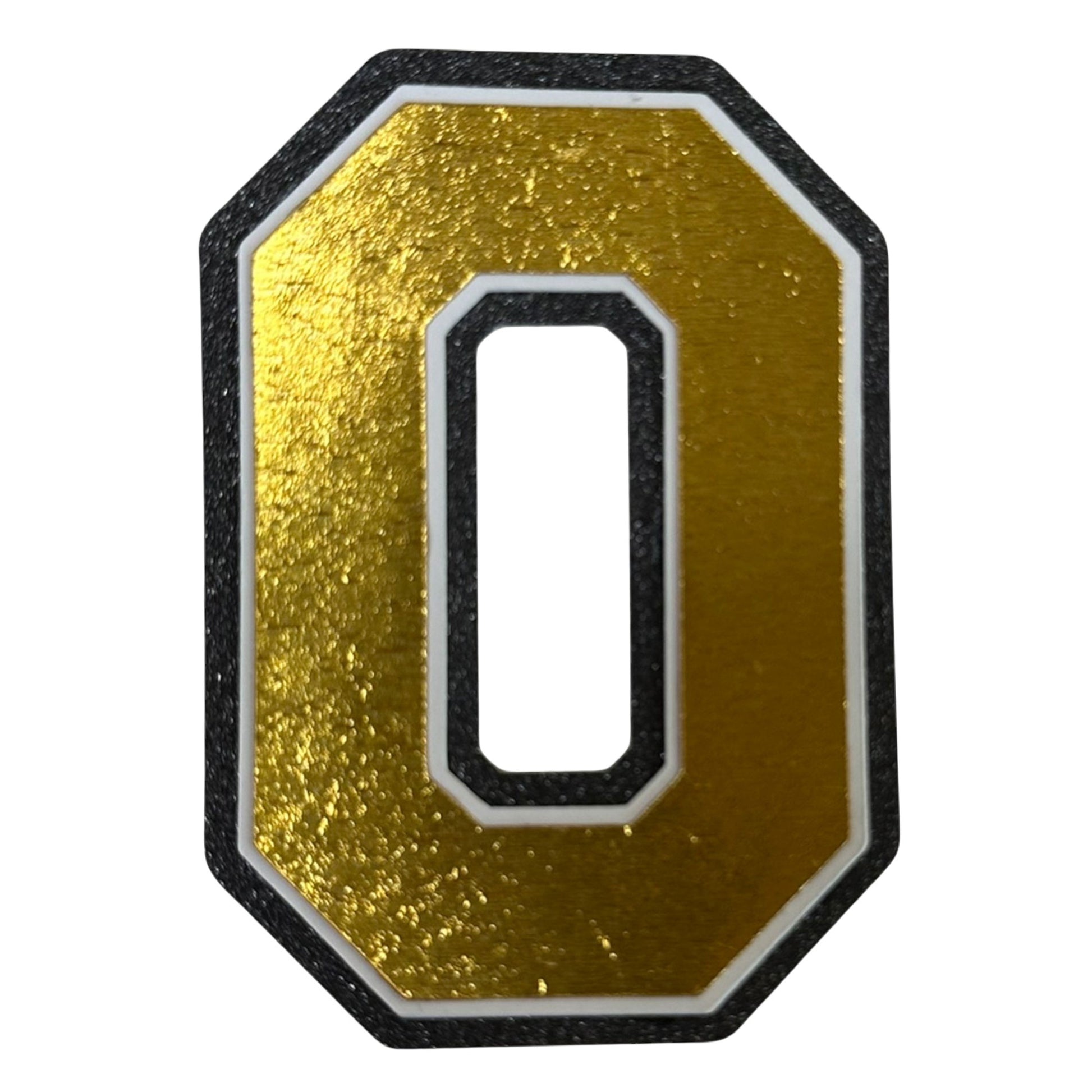 Black white and gold foil layered cardstock number 0 cutout for graduation year and jersey numbers.