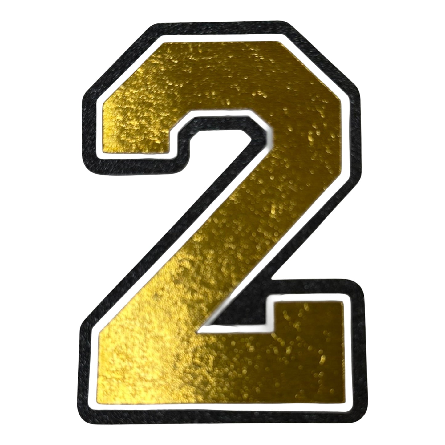 Black white and gold foil layered cardstock number 2 cutout for graduation year and jersey numbers.