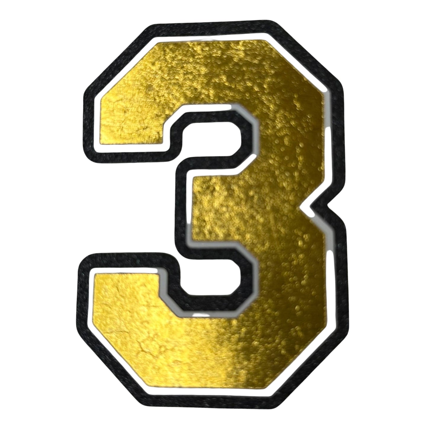 Black white and gold foil layered cardstock number 3 cutout for graduation year and jersey numbers.