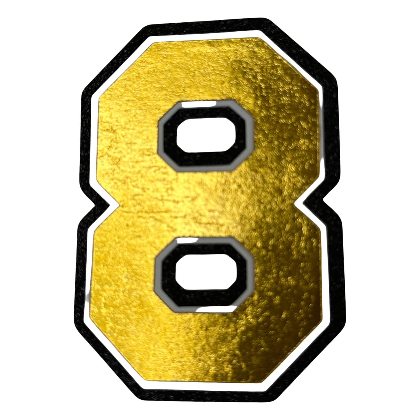 Black white and gold foil layered cardstock number 8 cutout for graduation year and jersey numbers.