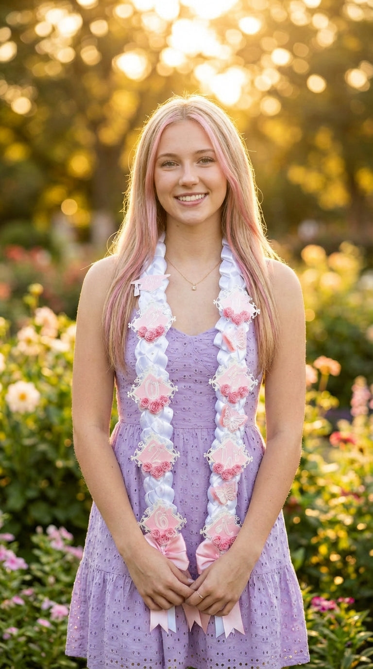 A lifestyle portrait of a young woman in a lavender eyelet dress wearing the personalized Class of 2026 White & Pink Butterfly Graduation Lei, posing in a garden setting during golden hour sunset lighting.