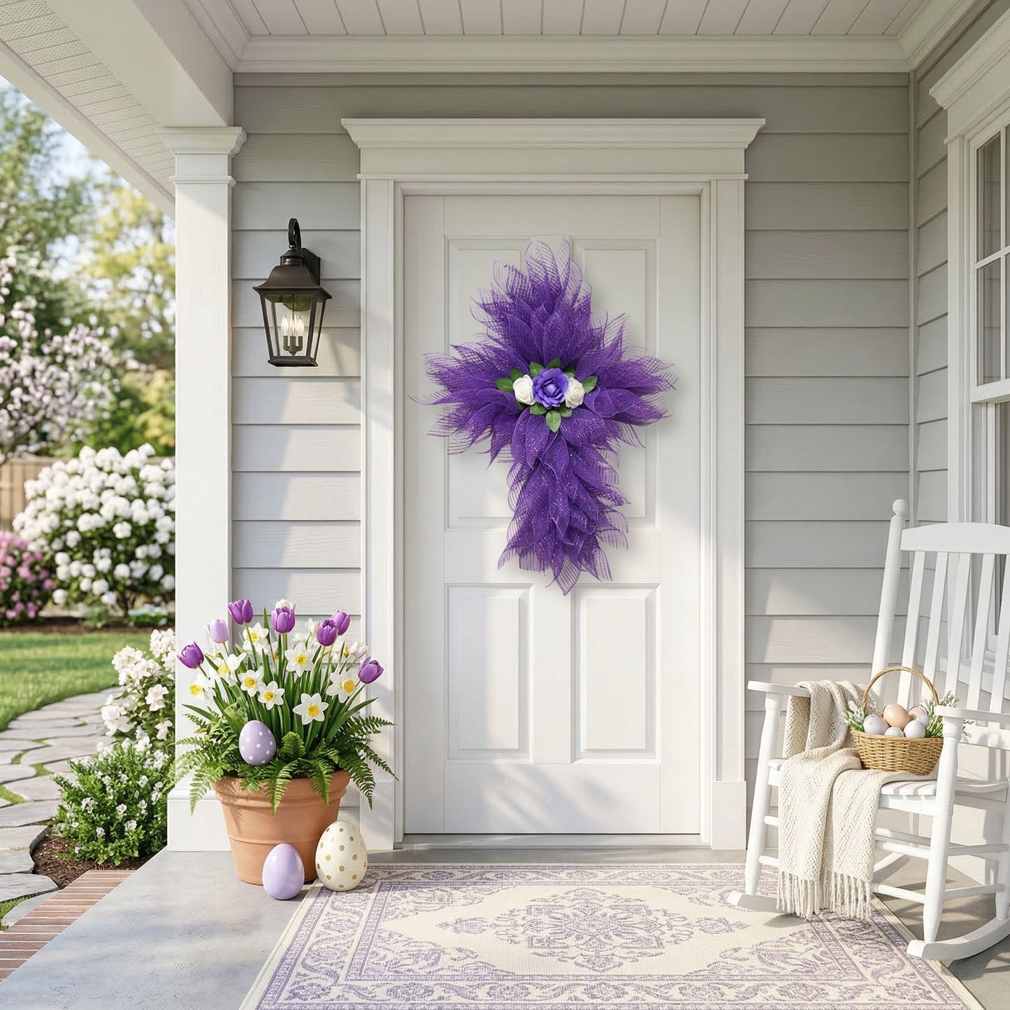 Purple deco mesh cross wreath with lavender satin rose on a white front door with Easter porch decor.