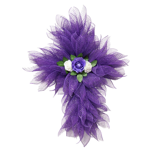 A 32-inch handcrafted purple deco mesh cross wreath for front door decor, featuring shimmering metallic mesh, artificial greenery, and off-white roses with a handmade lavender satin ribbon center flower.