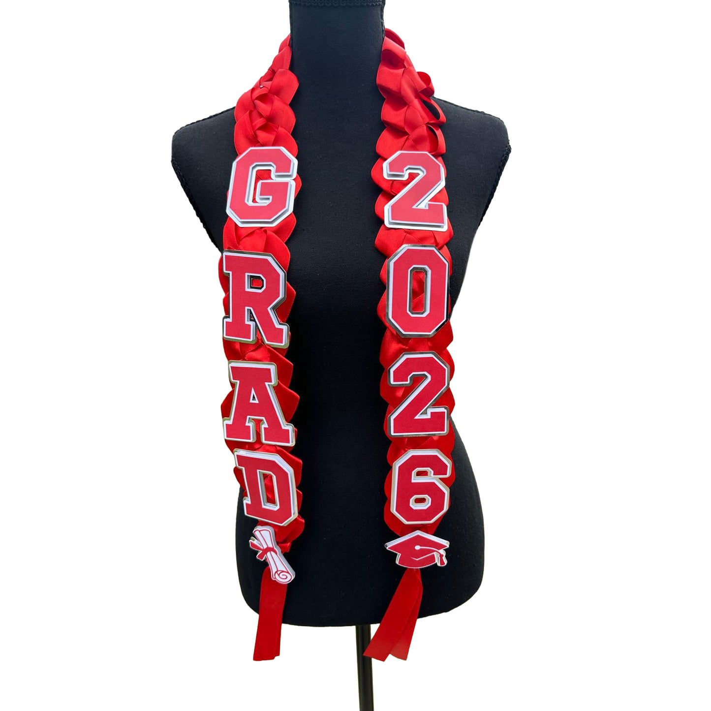 Handcrafted Red and Silver Foil Graduation Lei for Class of 2026 featuring braided red satin ribbon with silver foil GRAD and 2026 cardstock cutouts on a white background.