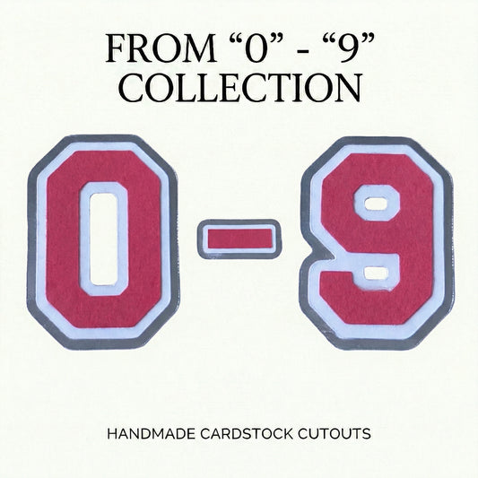 Red, white, and silver foil layered cardstock numbers 0 through 9 in a classic varsity font, displayed as a handmade collection for custom spirit gear.