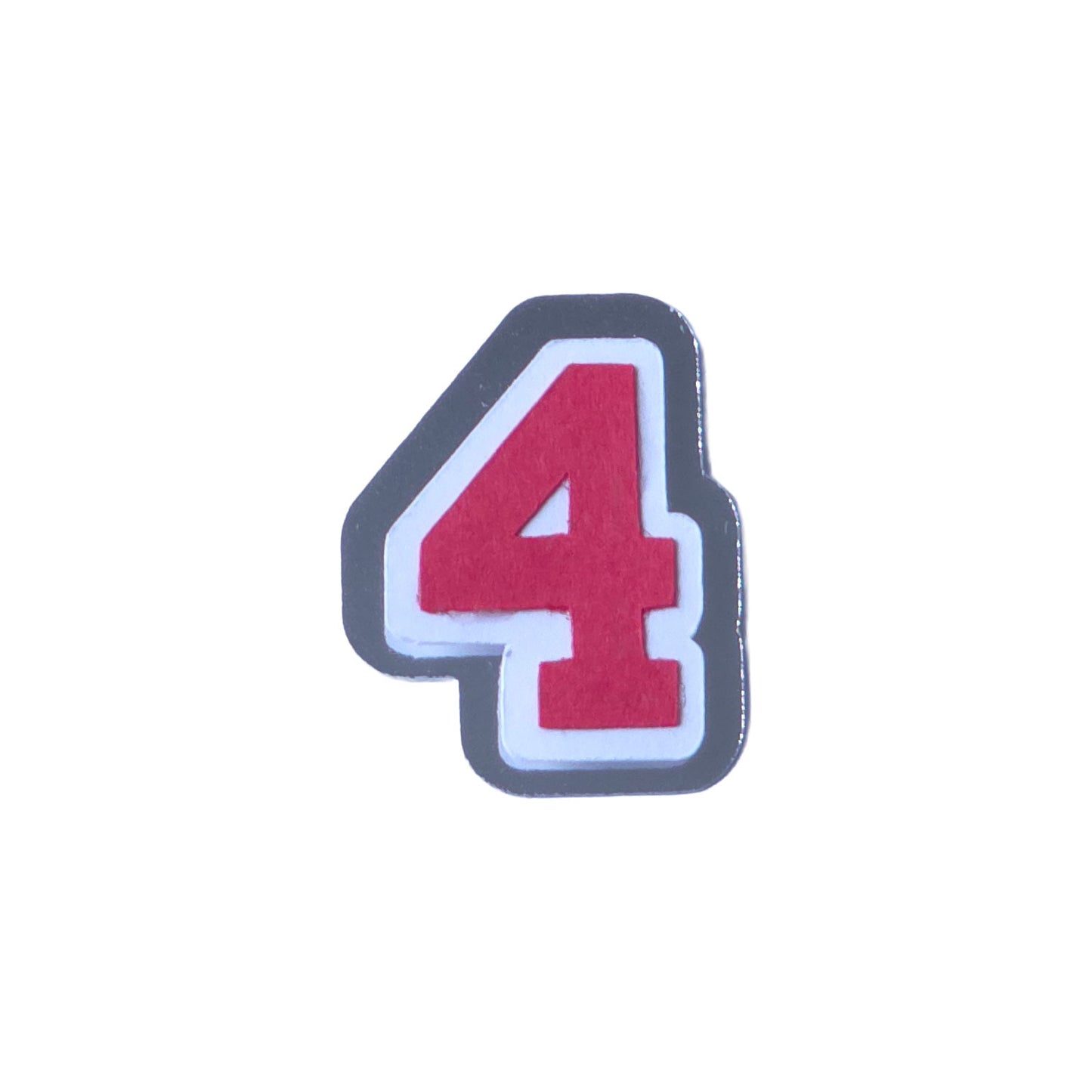Red, white, and silver foil layered cardstock number '4' cutout in a varsity block font for homecoming mums and graduation leis.