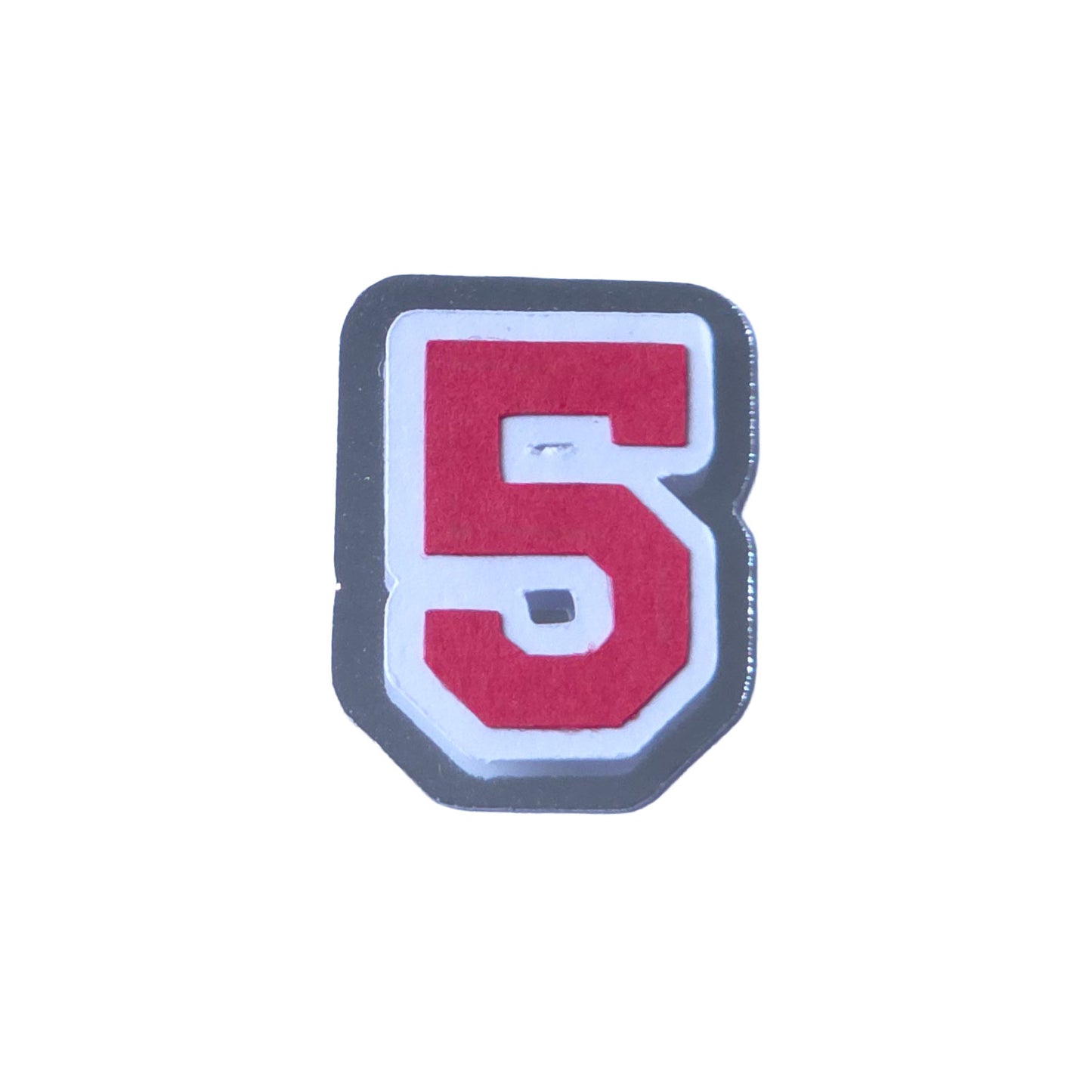 Red, white, and silver foil layered cardstock number '5' cutout in a varsity block font for homecoming mums and graduation leis.