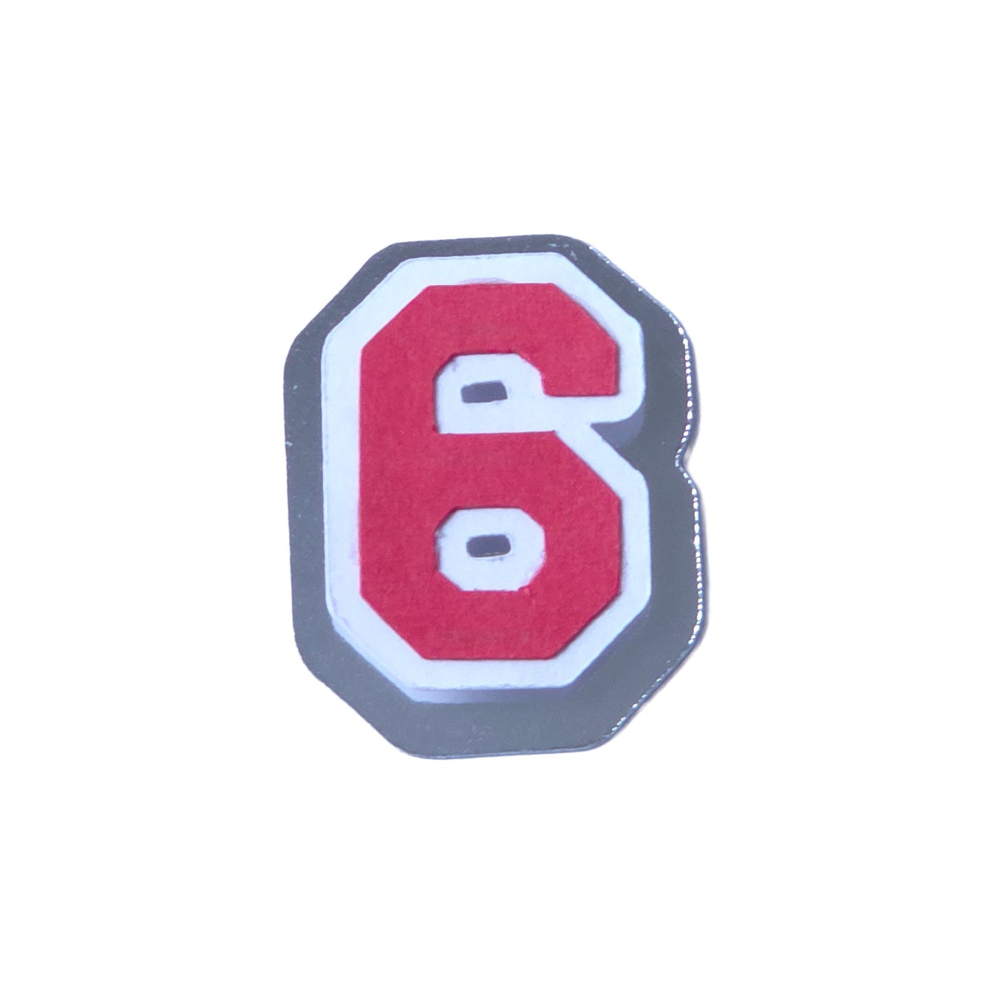 Red, white, and silver foil layered cardstock number '6' cutout in a varsity block font for homecoming mums and graduation leis.