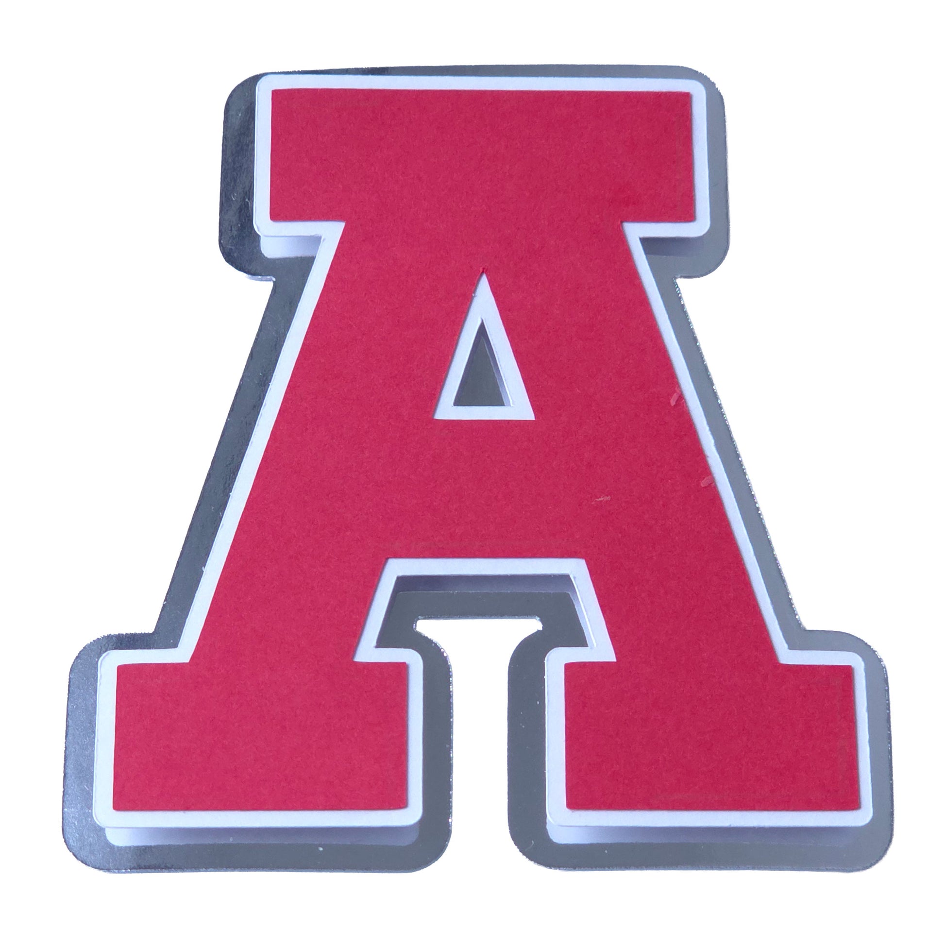 Red, white, and silver foil layered cardstock letter A cutout in a classic varsity block font for homecoming mums and graduation leis.