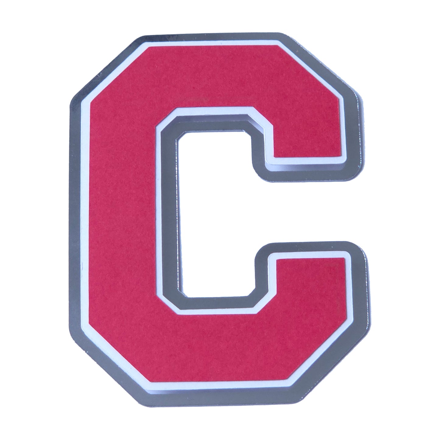 Red, white, and silver foil layered cardstock letter C cutout in a classic varsity block font for homecoming mums and graduation leis.