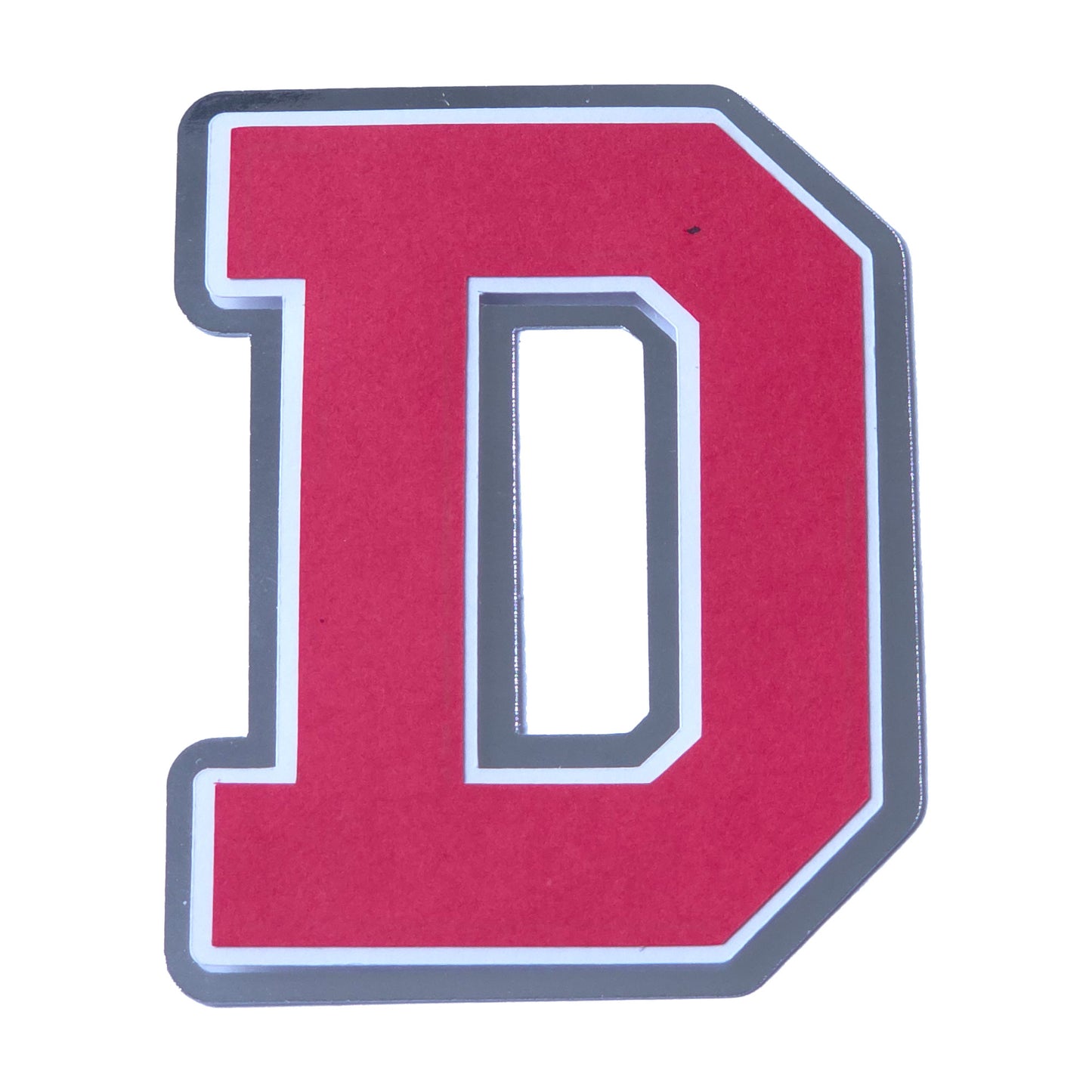 Red, white, and silver foil layered cardstock letter D cutout in a classic varsity block font for homecoming mums and graduation leis.