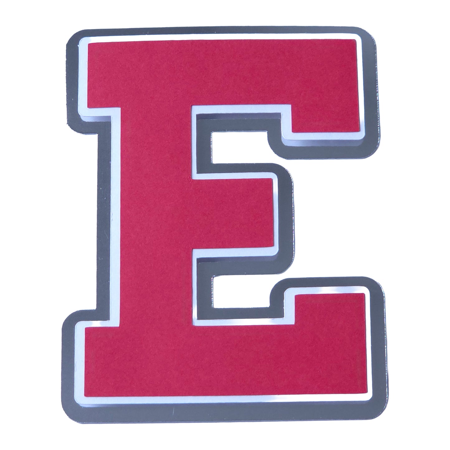 Red, white, and silver foil layered cardstock letter E cutout in a classic varsity block font for homecoming mums and graduation leis.