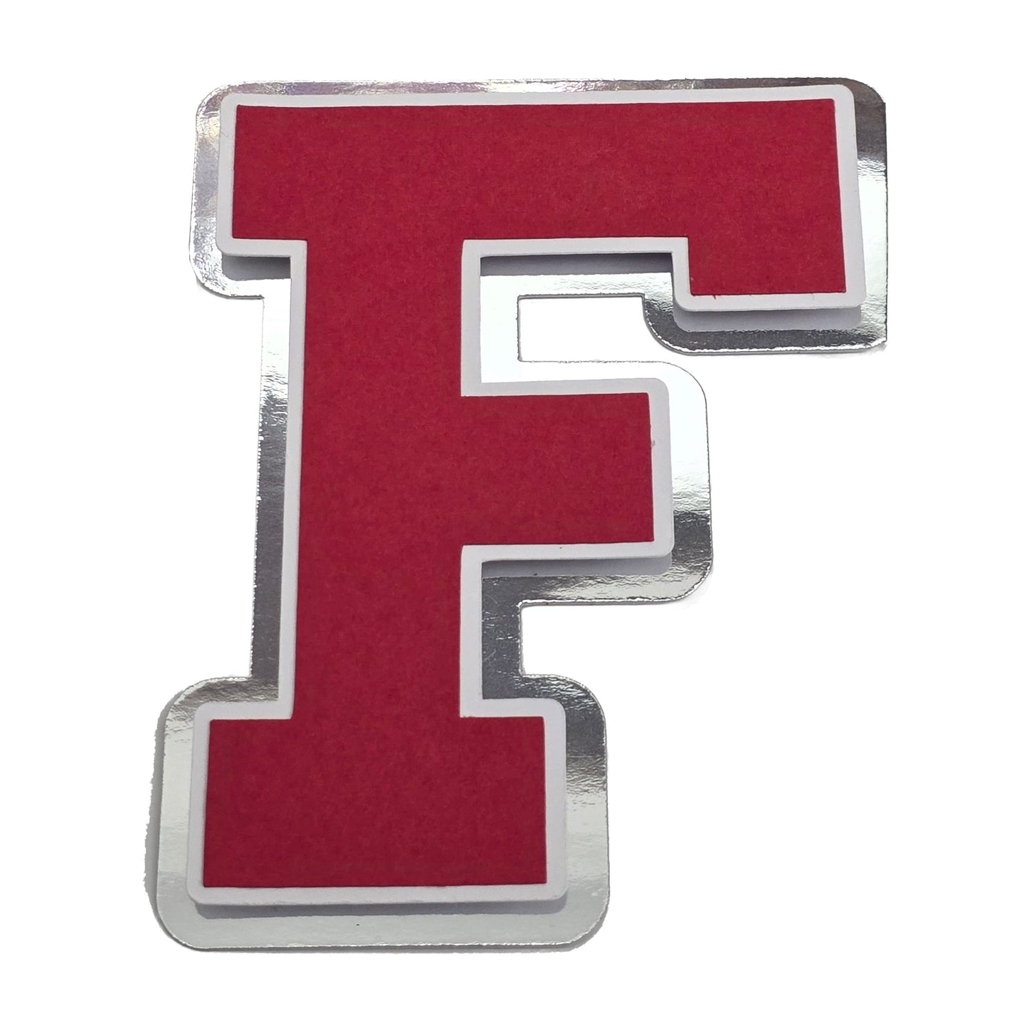 Red, white, and silver foil layered cardstock letter F cutout in a classic varsity block font for homecoming mums and graduation leis.
