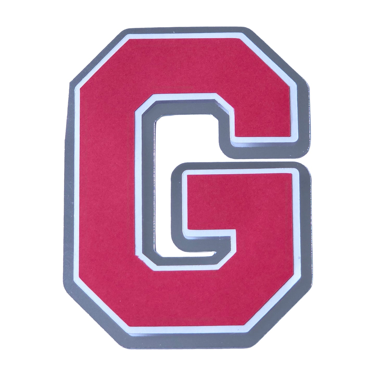 Red, white, and silver foil layered cardstock letter G cutout in a classic varsity block font for homecoming mums and graduation leis.