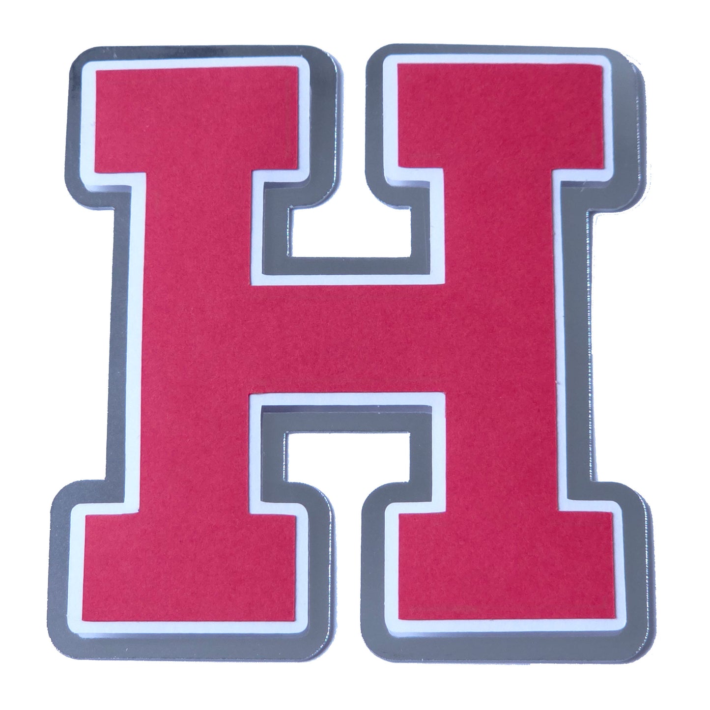 Red, white, and silver foil layered cardstock letter H cutout in a classic varsity block font for homecoming mums and graduation leis.