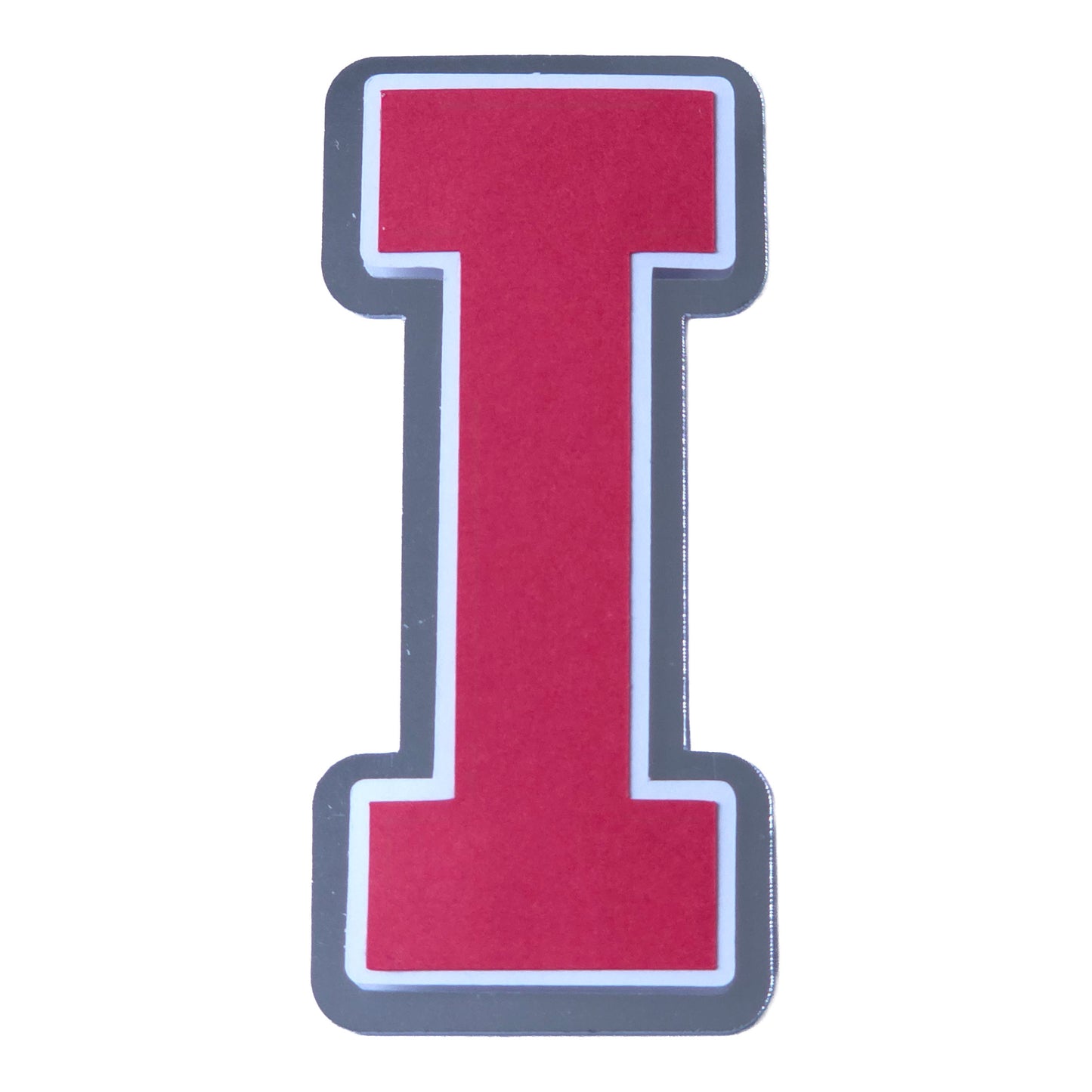 Red, white, and silver foil layered cardstock letter I cutout in a classic varsity block font for homecoming mums and graduation leis.