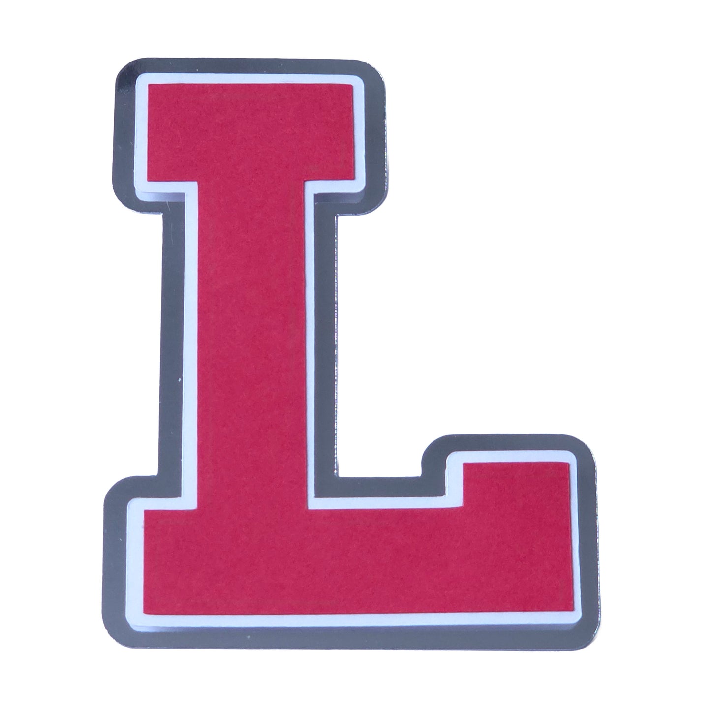 Red, white, and silver foil layered cardstock letter 'L' cutout in a classic varsity block font for homecoming mums and graduation leis.