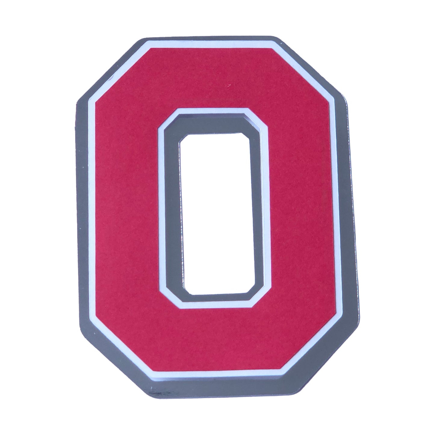 Red, white, and silver foil layered cardstock letter 'O' cutout in a classic varsity block font for homecoming mums and graduation leis.