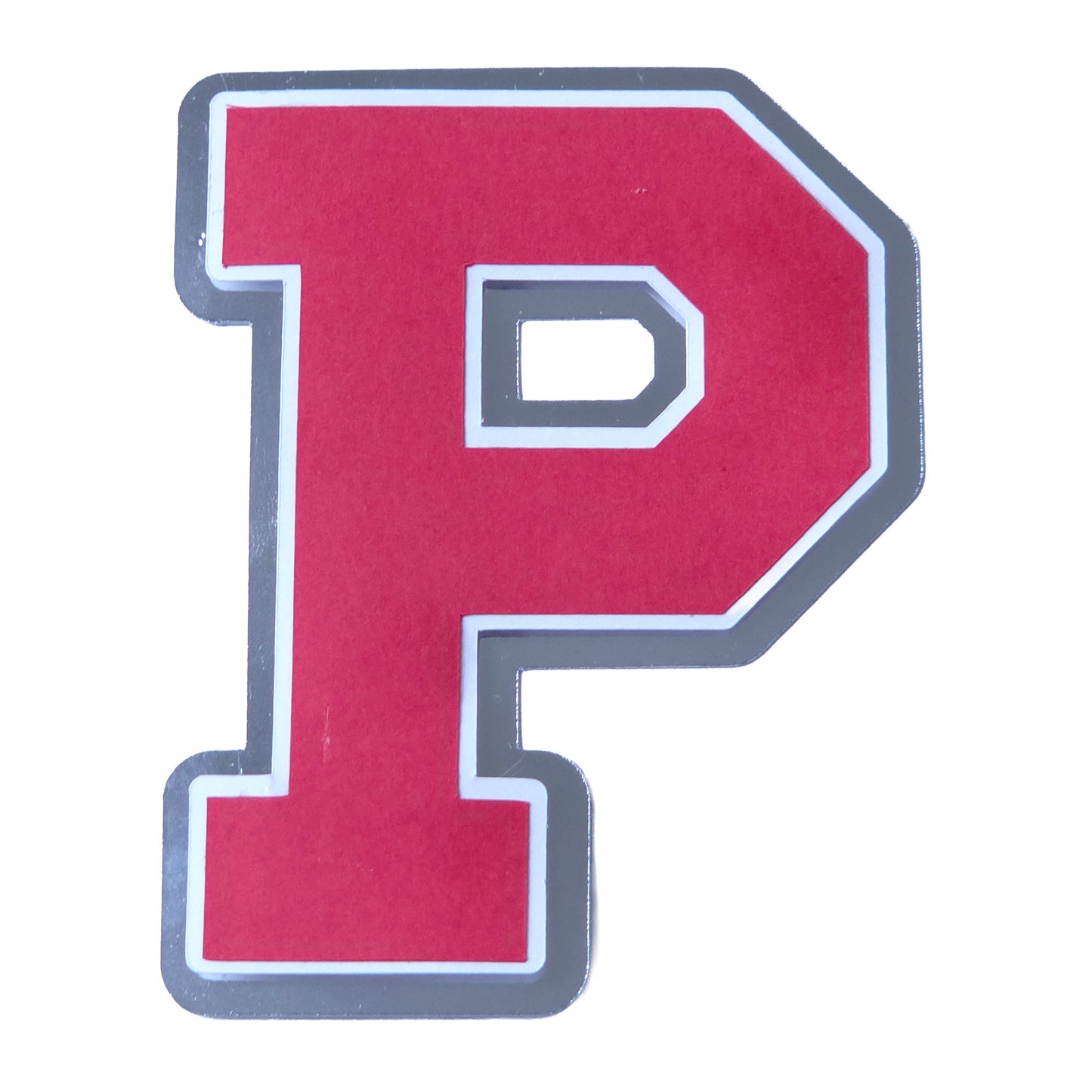 Red, white, and silver foil layered cardstock letter 'P' cutout in a classic varsity block font for homecoming mums and graduation leis.