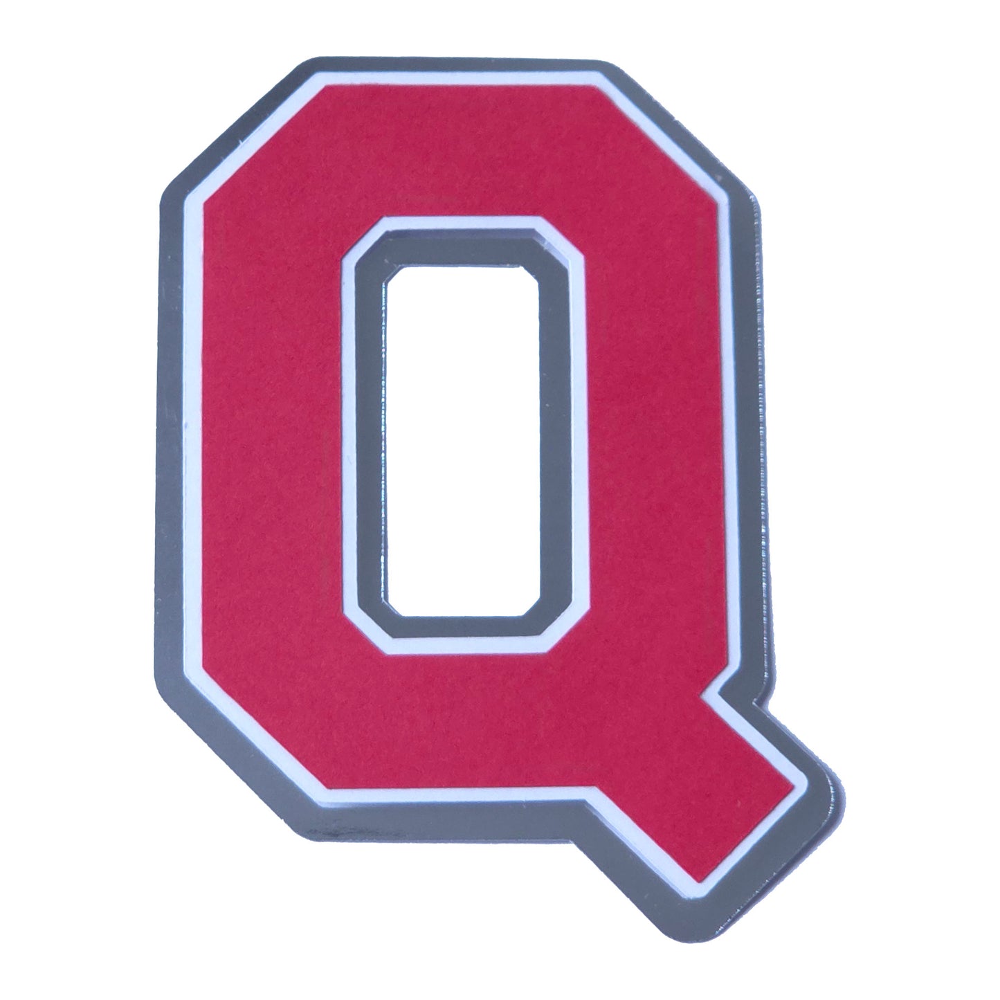 Red, white, and silver foil layered cardstock letter 'Q' cutout in a classic varsity block font for homecoming mums and graduation leis.
