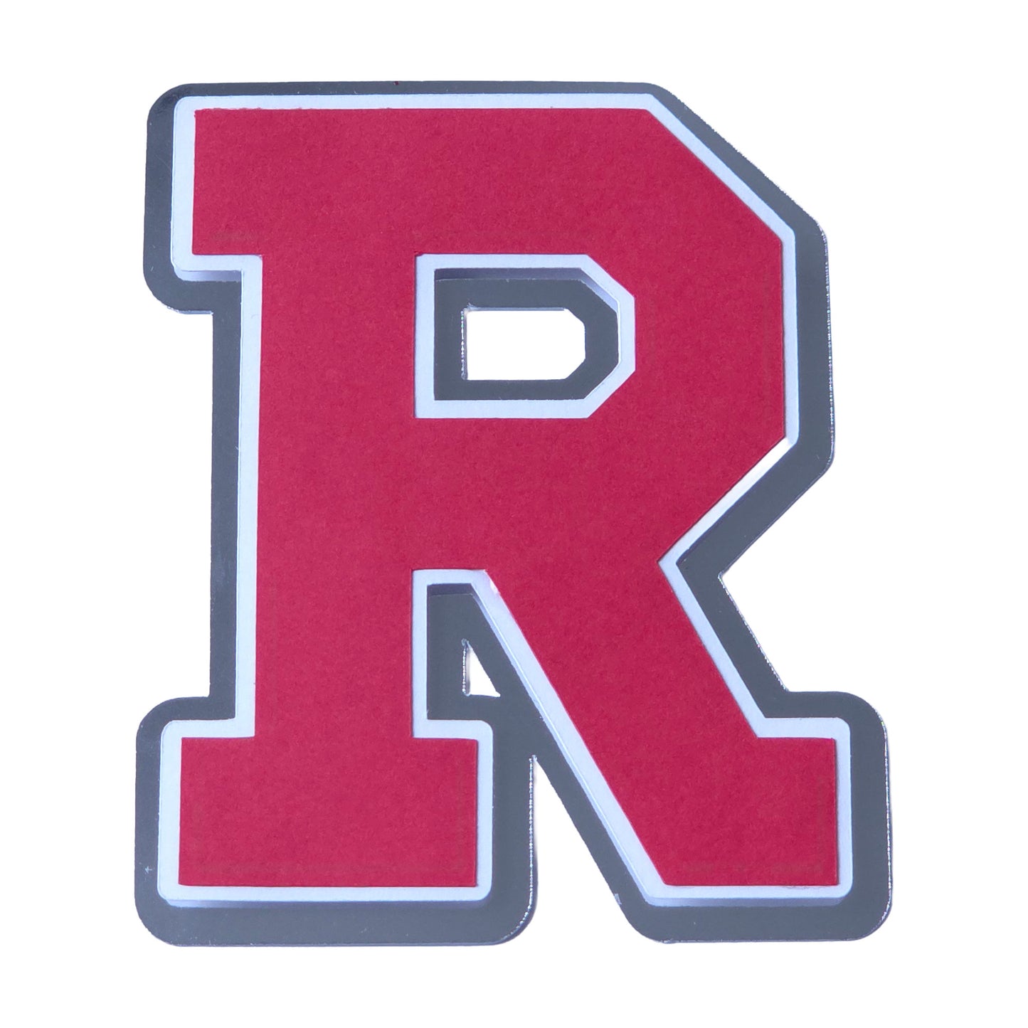 Red, white, and silver foil layered cardstock letter 'R' cutout in a classic varsity block font for homecoming mums and graduation leis.